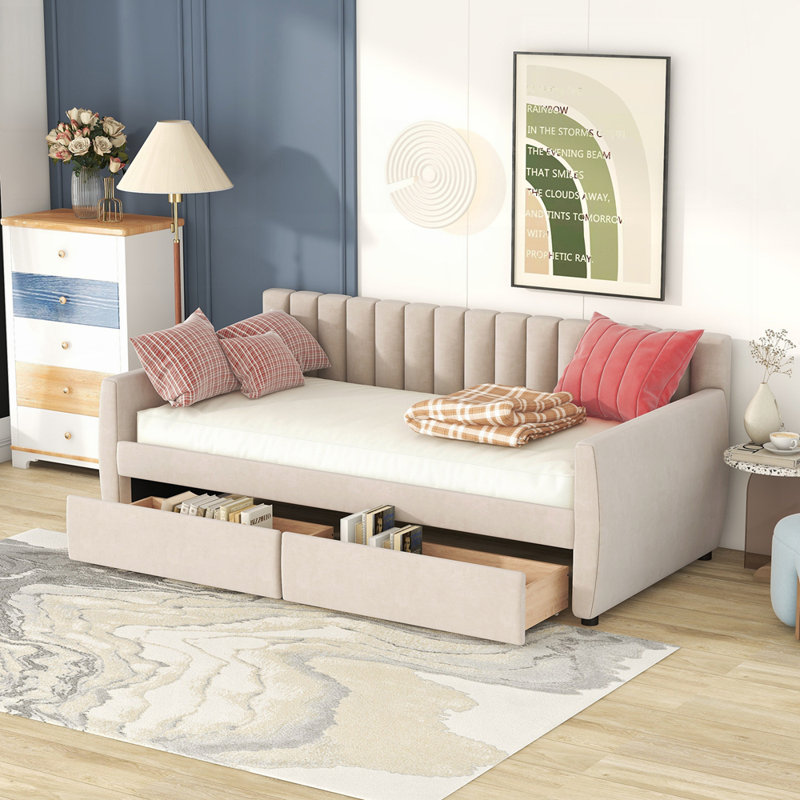 Elegant Velvet Upholstered Daybed with Storage Drawers Perfect for Modern and Versatile Home Decor, Beige