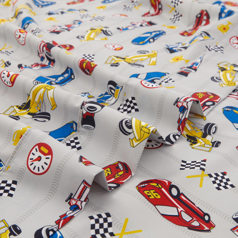Ensemble de draps pour lit pour enfants Viviland, draps 4 pièces, draps-housses en microfibre avec poche profonde de 15 pouces et sangles de coin, ensembles de draps et taies d'oreiller de voiture de course gris doux et soyeux