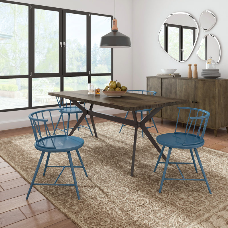 Breaux 70" Iron Gray Metal Base Dining Table And Low Back Windsor Chairs Set - Table And 4 Chairs, Driftwood Gray, Bluesteel