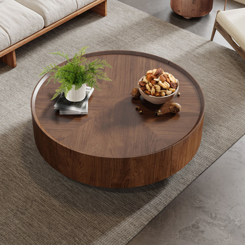 Table basse ronde en noyer avec tiroirs de rangement,  H 12,6 po x L 31,4 po x l 31,4 po