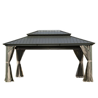 Pavillon de jardin en aluminium avec rideau, espace de détente extérieur confortable pour la pelouse, par mauvais temps