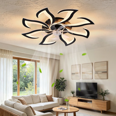 Ventilateur de plafond encastré 32 po moderne noir avec lumière, ventilateur de plafond à DEL de conception florale avec télécommande et contrôle APP, ventilateur de plafond à profil bas à intensité variable avec 6 vitesses pour la chambre à coucher, la cuisine et le salon