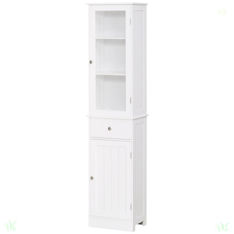 Armoire de rangement mince, armoire de salle de bain haute, tour de lin étroite avec porte en acrylique, tiroir et tablettes