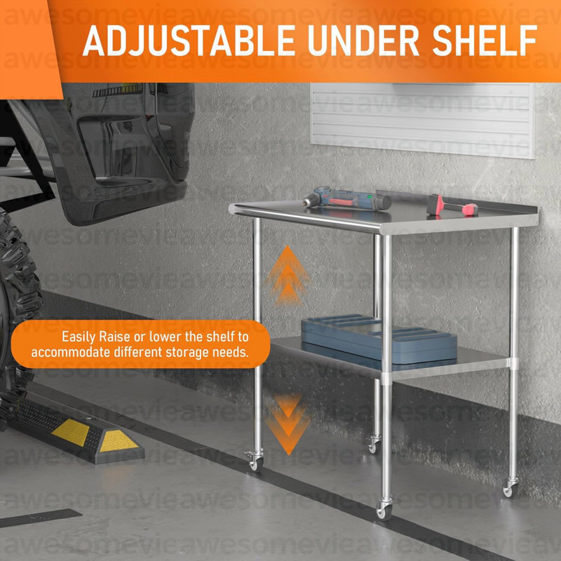 Table de préparation en acier inoxydable 30 po x 36 po avec roulettes inférieures réglables Table en acier inoxydable pour cuisine commerciale, extérieur, restaurant, hôtel et garage