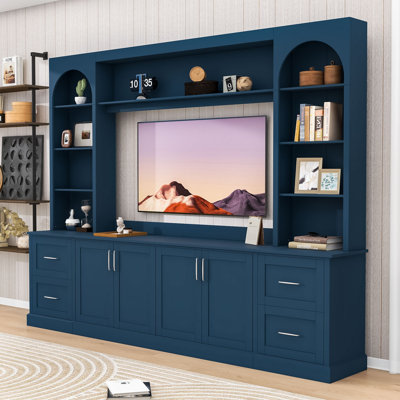Meuble audio-vidéo moderne avec 4 tiroirs, 2 armoires, tablettes réglables et système de gestion des câbles