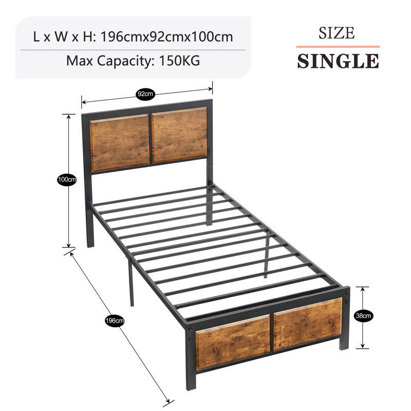 Single/Double Size Bed Frame with Wood Headboard and Footboard, Metal Platform Mattress Foundation with Strong Steel Slats, No Box Spring Needed