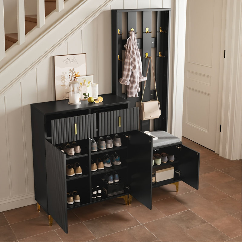 Hall Tree 144cm Wide with Bench and Shoe Storage, Black