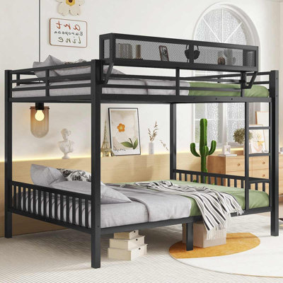 Queen Over Queen Metal Bunk Bed with Full-Length Guardrail & Upper Storage Shelf