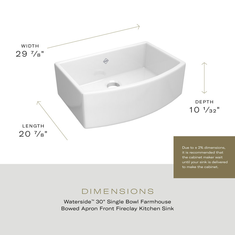 Waterside 30" Single Bowl Farmhouse Bowed Apron Front Fireclay Kitchen Sink, White