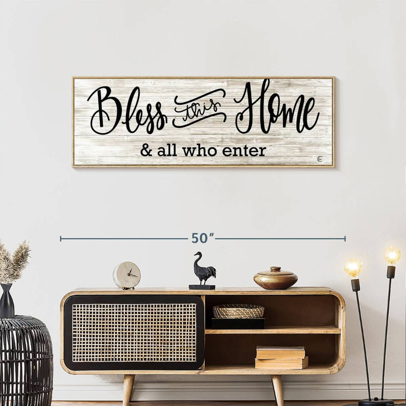 Plaque murale «Bless This Home», 46 po x 16 po, Cadre flottant en bois naturel