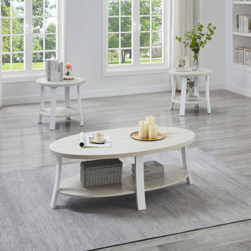 Ensemble de 3 tables basses contemporaines en bois, table basse ovale avec tablette