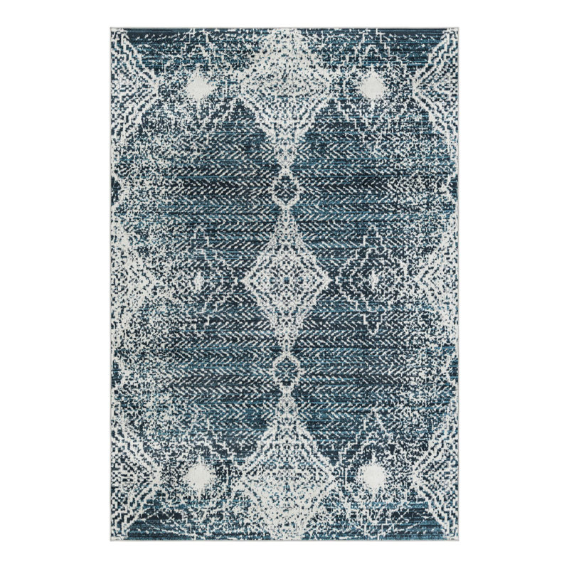 Tapis bleu marine / ivoire en polyester tissé à la machine Massie, Rectangle 6 pi 1 po x 9 pi