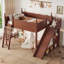 Lit mezzanine double avec tablettes de rangement, garde-robe et glissière amovible, fabrication en bois massif, aucun sommier requis, finition naturelle foncée-133491145