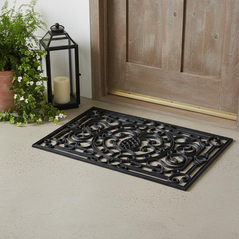 Tapis de porte d'extérieur en caoutchouc noir à motif ananas et volutes, 61 x 91 cm