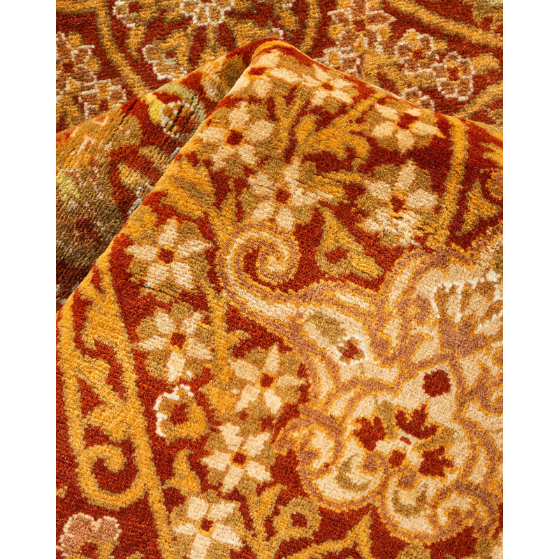 Tapis orange en laine noué à la main de conception unique 4 pi 7 po x 7 pi 5 po Hayner