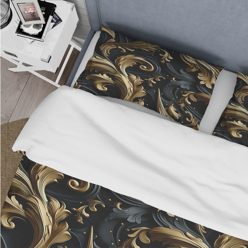 Literie symphonique damassée dorée et noire de luxe, Housse de couette pour très grand lit et 2 très