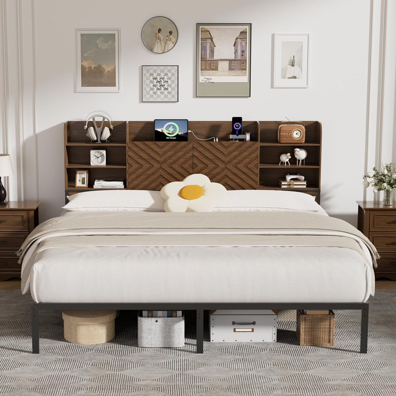 Farmhouse King Size Bed Frame With Move Storage Headboard And 3-in-1 Charging Station, Walnut