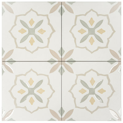 Palmera 9x9 Off-White Yellow Porcelain Floral Square Wall and Floor Tile (6.96 sq ft/case) - 13 Pack