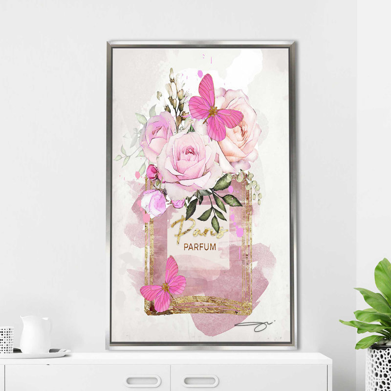 «Parfum Bottle, Flowers & Butterflies (Pink) (Vertical)» par By Jodi - impression, H 43,5 po x l 27,5 po x P 2 po