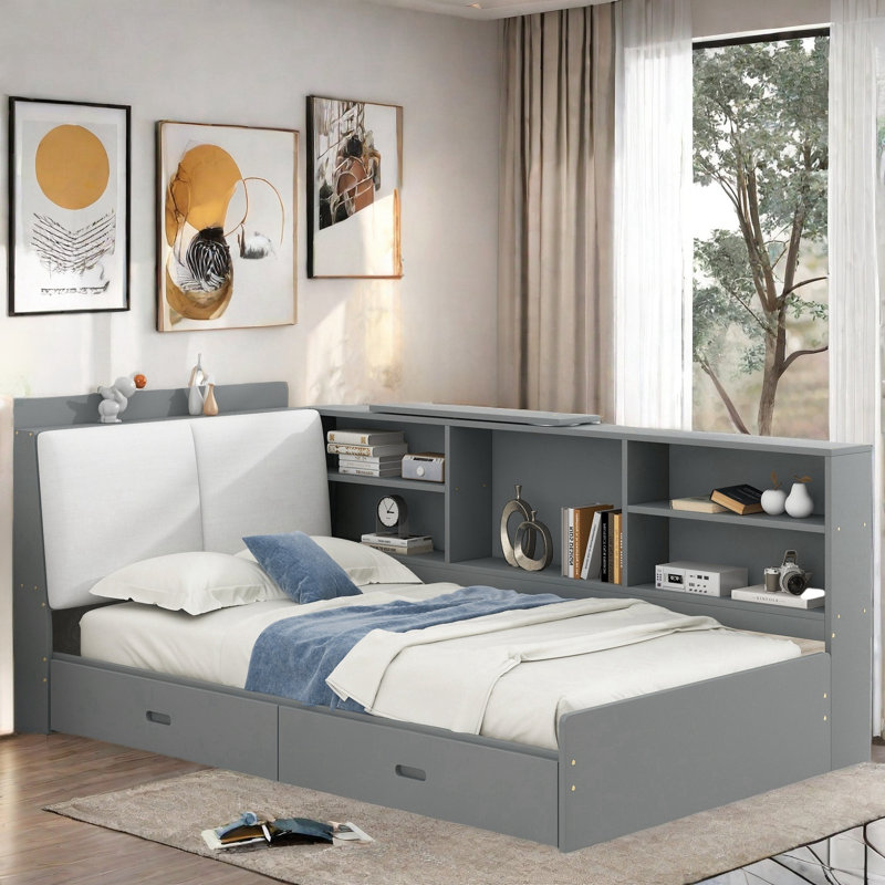 Preslei With Upholstered And Storage Headboard, Rotatable Board, Storage Shelves And 2 Drawers, Grey