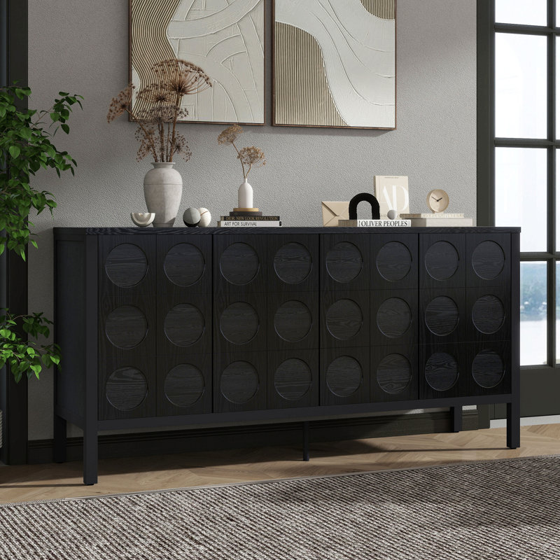 Élégante armoire de rangement en bois avec porte à cercle géométrique unique, idéale pour les salles d'étude