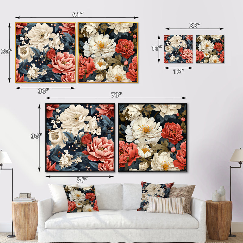 Dupuy - Ensemble de 2 collages carrés floraux, Cadre flottant noir, H 16 po x l 33 po