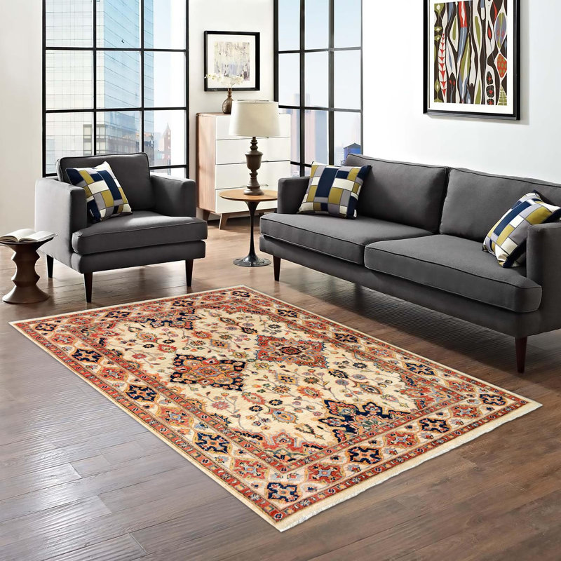 Tapis ivoire / bleu en laine noué à la main de style oriental rectangulaire 5 pi 1 po x 6 pi 10 po Dorn