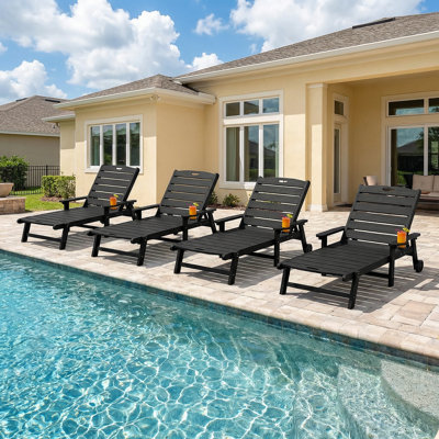 HDPE Chaise Lounges – Adjustable 5-Position Outdoor Recliners with Wheels & Cup Holders, Weather-Resistant for Patio, Pool, Garden, Black, Set of 4