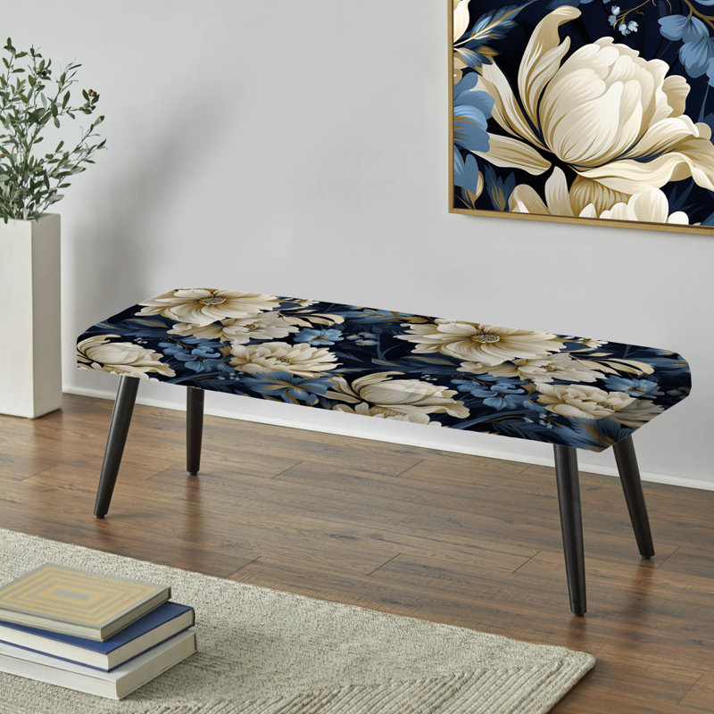 Dark Blue And White Flower Damask Breeze - Damask Upholstered Black Bench
