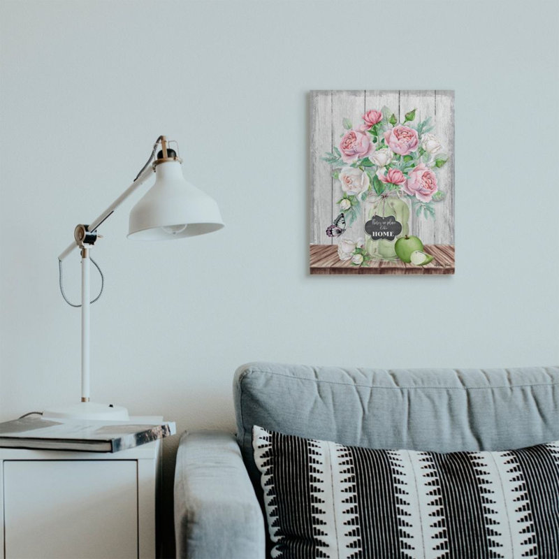 «No Place Like Home Text Pink Roses Fruit Jar» par Sheri Hart - impression d'art graphique, 20" H x 16" W x 1.5" D