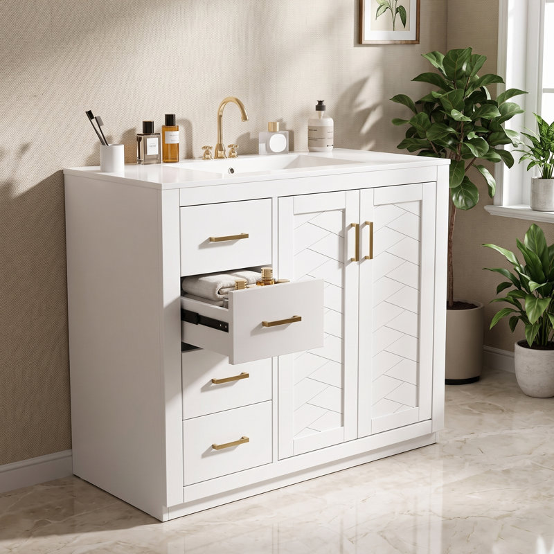 Meuble-lavabo de 36 pouces avec lavabo en céramique intégré, structure en bois massif, 3 tiroirs, portes à fermeture en douceur et rangement pour armoire - Ensemble de meuble-lavabo autoportant pour salle de bain et salle d'eau