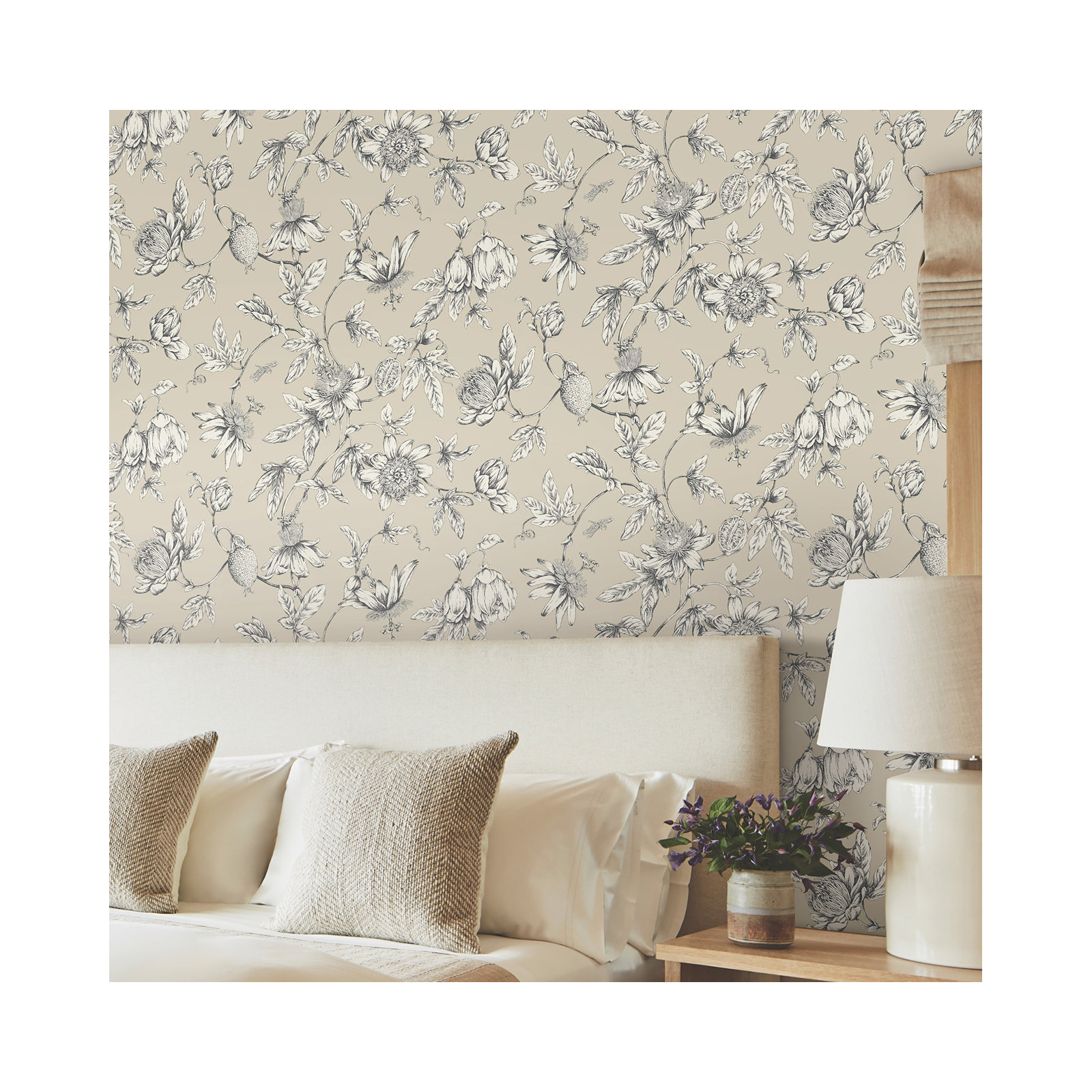 Passion Flower Toile Floral Wallpaper, Beige