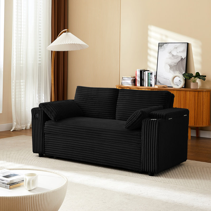 Black Convertible 2 - Seat With Port, Cup Holder , Soft Fabric And Plastic Legs Sleeper Armrest,
