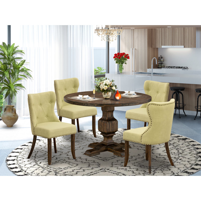 5-Pc Modern Dining Table Set - Dining Table and 4 Limelight Color Parson Modern Chairs with Button Tufted Back - Distressed Jacobean Finish