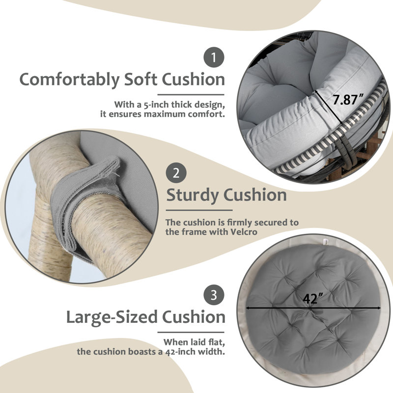 Swivel Papasan Chair with Thick Cushion, Wicker Frame Papasan Chair, Oversized Comfy Round Chair (Beige-Yellow), Beige