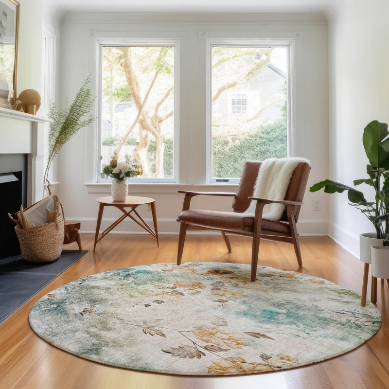 Premium Machine Washable Prisco Teal Rug, Round 8'