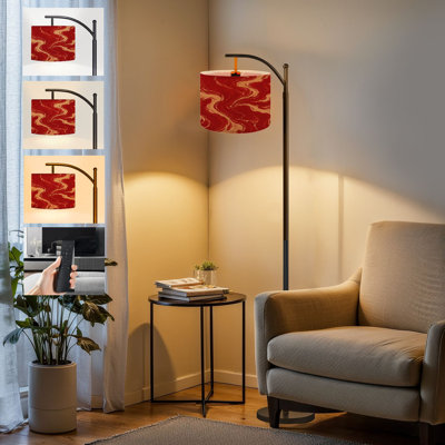  Lampe sur pied Arc moderne rouge doré marron texture marbre doré Veines dorées Grande lampe sur pied moderne Abat-jour réglable en lin à 3 températures de couleur