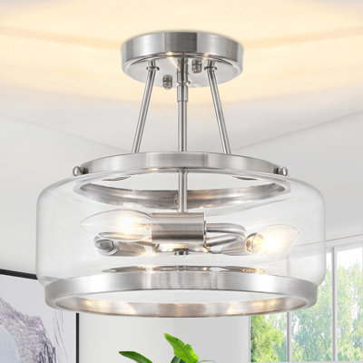3 - Light Modern Glass Drum Semi Flush Mount Ceiling Light Fixture for Dinning Room Living Room Bedroom Hallway Entryway Kitchen