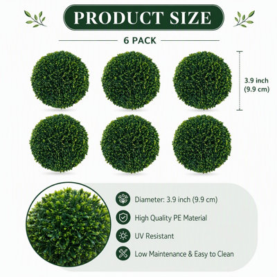 Lot de 6 boules de buis artificiel de 9,9 cm (3,9 po), boules de verdure artificielle résistantes aux UV, boules de topiaire artificielles en PE pour la décoration de table, de mur, de mariage et de maison (ensemble de 6)