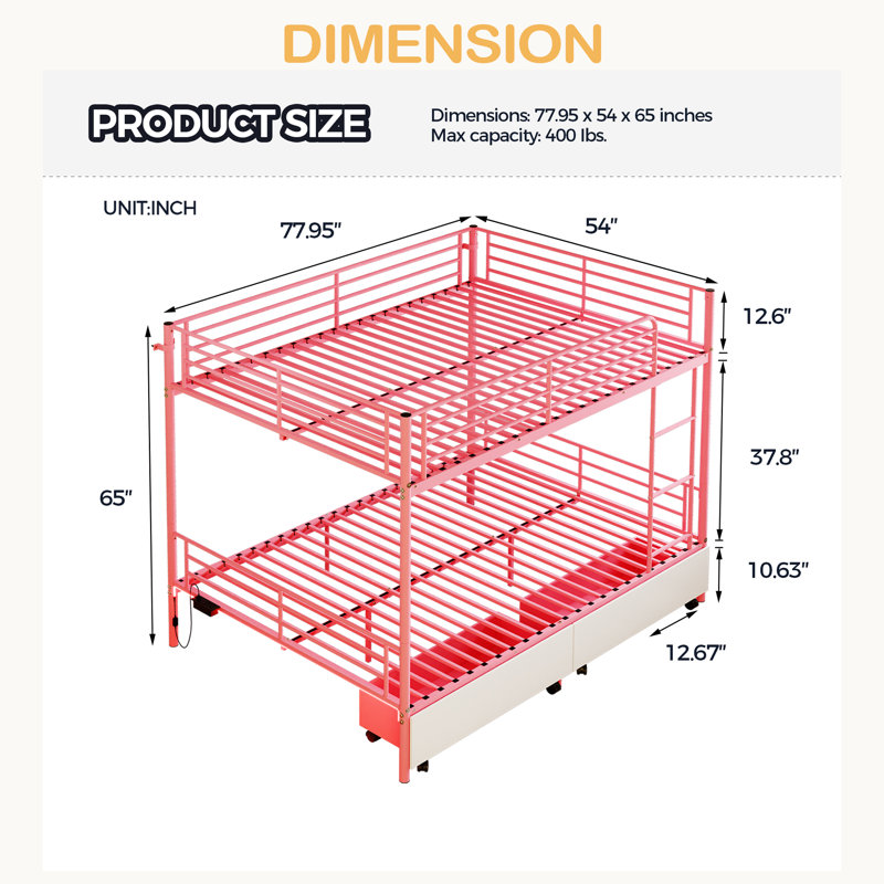 Bunk Bed With USB Charging Station, Able To Split, Metal Bunk Bed, Storage Space, Bed With Safety Guardrail & Ladders, No Box Spring Needed