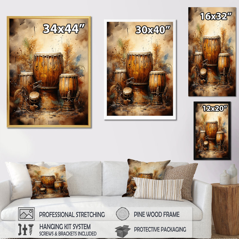 «Djembe Journey Earthy Umber I», reproduction sur toile, Cadre simple noir, H 20 po x l 12 po x P 1 po