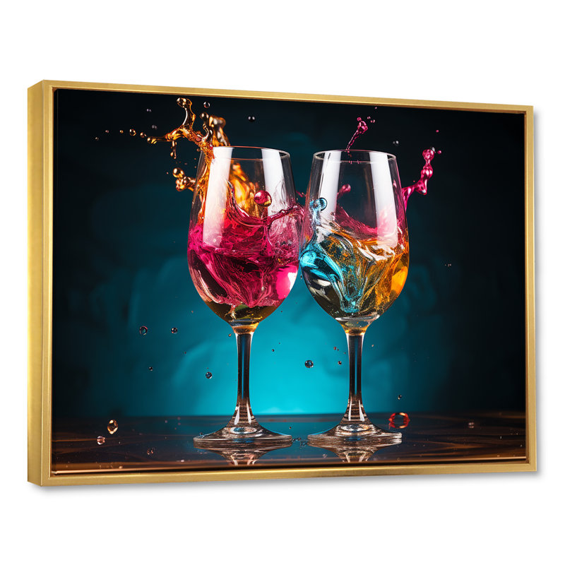 «Whimsical Cheers - Wine», art mural champagne, Cadre flottant doré, H 12 po x l 20 po x P 1 po