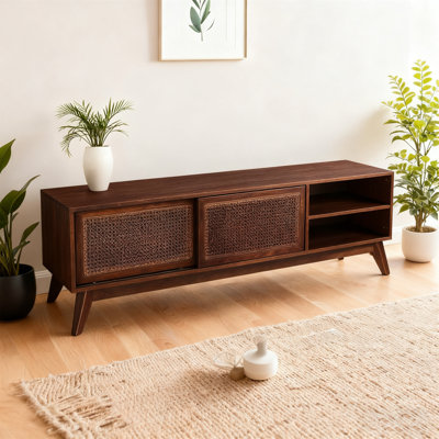 59" Mid-Century Modern Dark Wood Rattan TV Stand For 65 Inch TV, Media Console With Sliding Doors And Solid Wood Legs For Living Room