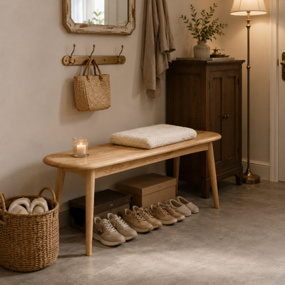Banc en chêne blanc massif, banc d'entrée multifonctionnel avec assise ovale arrondie, banc en bois de style milieu du siècle pour chambre, salle à manger et salon