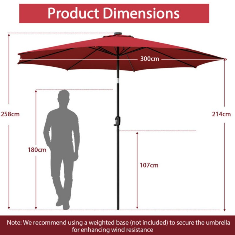 Parasol de patio 10 pieds avec 112 lumières solaires et manivelle, Rouge vin