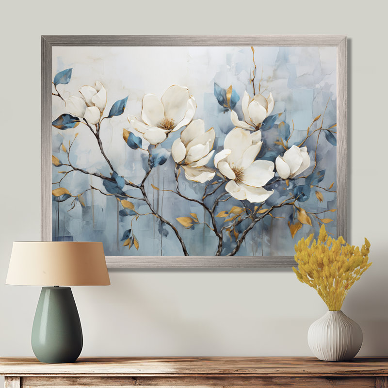 Elegant Magnolias Tranquility - art mural de salon Magnolias, H 30 po x l 40 po, Cadre photo unique, Argent argent