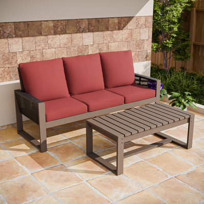 3-Person Outdoor Patio Cedar Wood Brown Round Wicker Sofa Seating Group with Olefin Thick Cushions, Slat Coffee Table by Dovecove