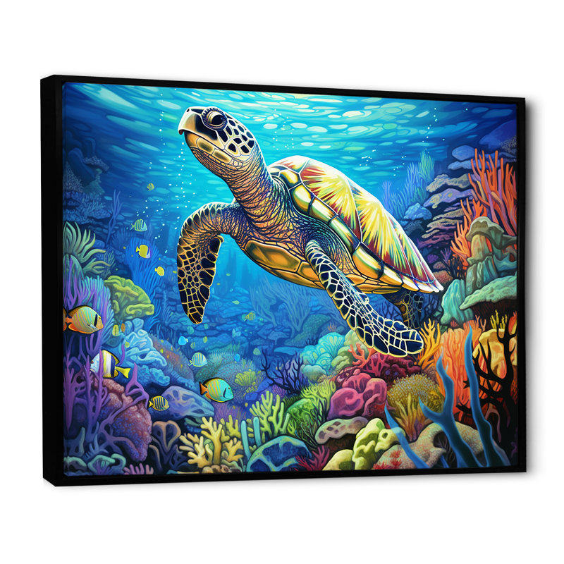 «Blue Sea Turtle World» - art mural corail sous l'eau, H 16 po x l 32 po x P 1 po, Cadre flottant noir