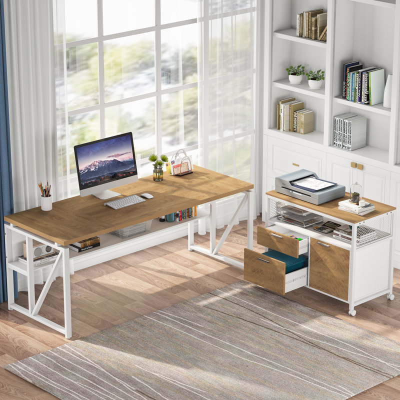 2 - Piece Home Office Executive Desk And Lateral File Cabinet, 29" H x 63" W x 55" D, Light Walnut /White