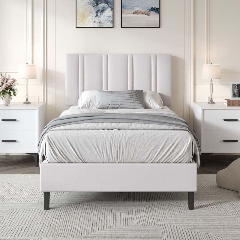 Tête de lit capitonnée, lits plateforme tapissiers avec support en lattes de bois, structure de lit en tissu, Simple, Crème